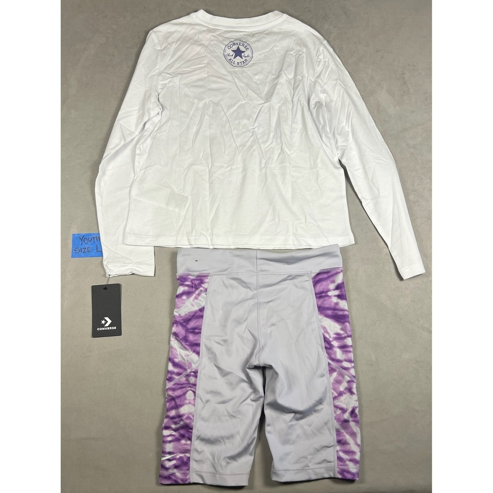 Converse Girls 2pc Set Long Sleeve Graphic Tee Tie Dye Bike Shorts White Purp‎ L